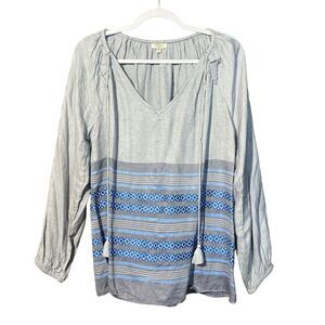 Dylan Blue Boho Print Tassel Tie Neck Blouse Women's Size Medium